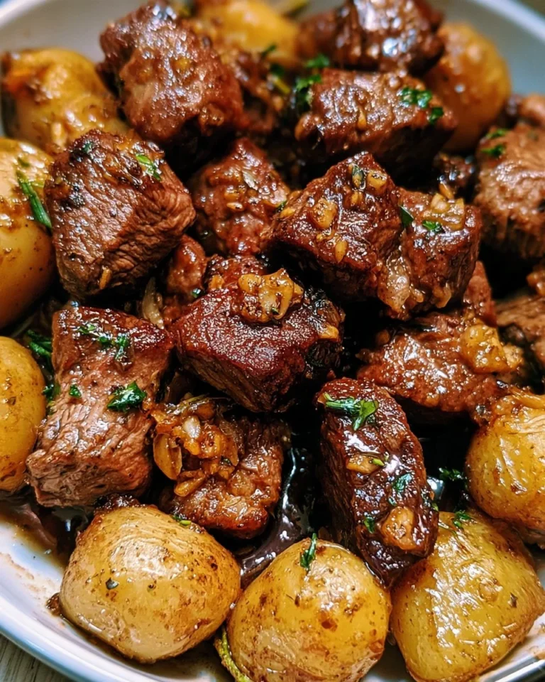 Bouchées de steak avec beurre d'ail et pommes de terre dorées