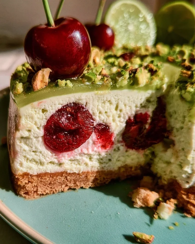 Cheesecake citron vert avec cerise et pistache, dessert frais et savoureux