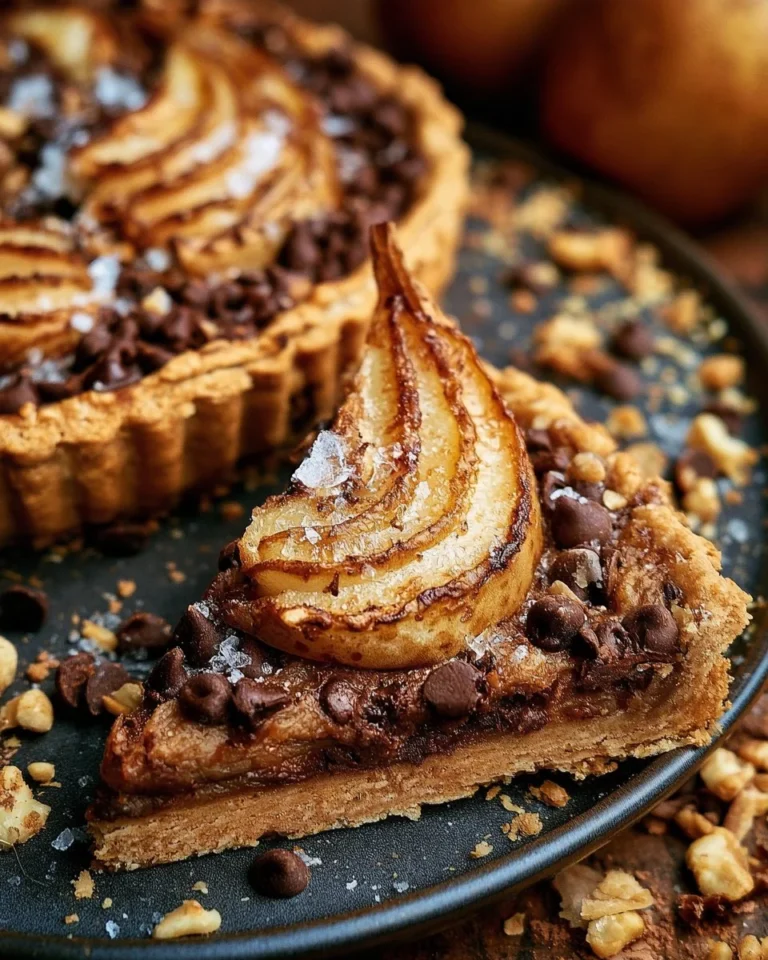 Cookies au chocolat et poires en tarte sur une assiette