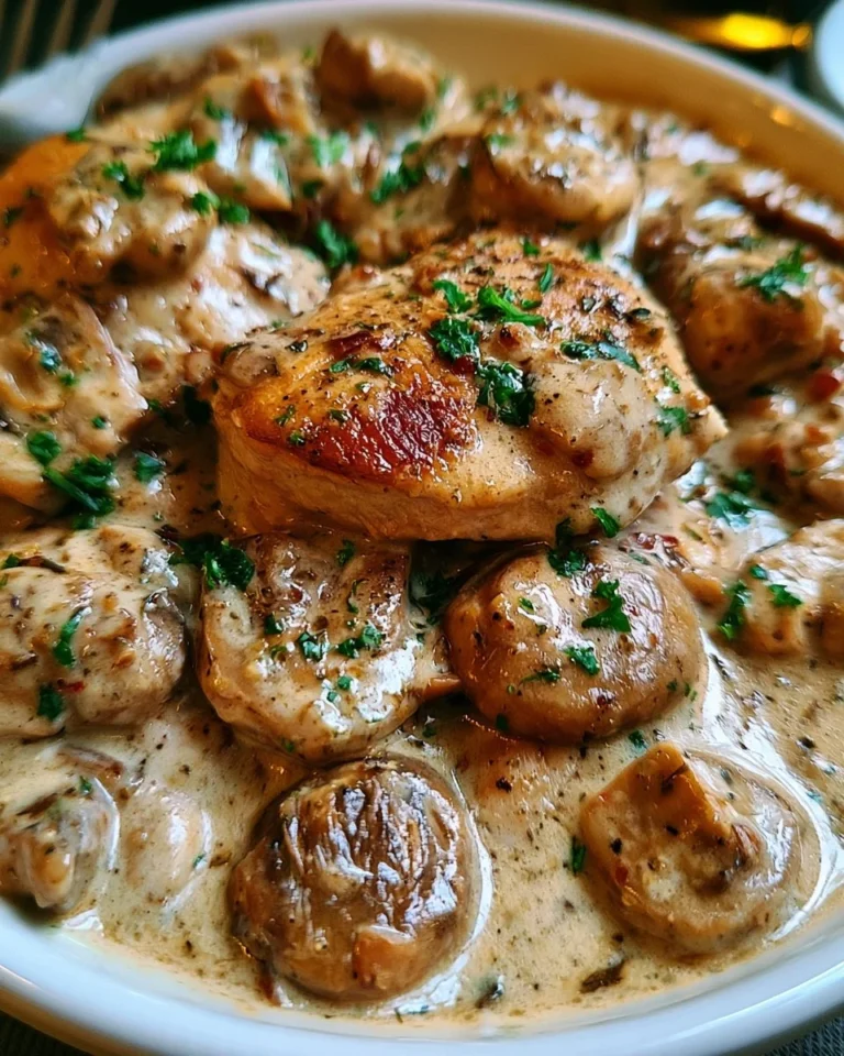 Un plat de Poulet à la Crème et Champignons servi avec des légumes.