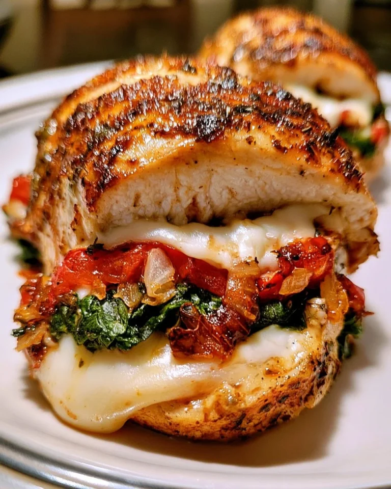 Poulet farci aux poivrons rouges, épinards et mozzarella prêt à être dégusté