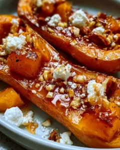 Butternut rôti au miel, feta et noix dans un plat appétissant