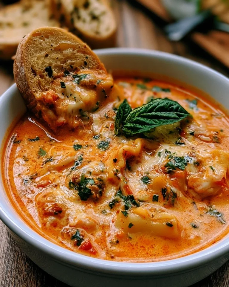Soupe de lasagnes crémeuse servie dans un bol avec du pain croustillant