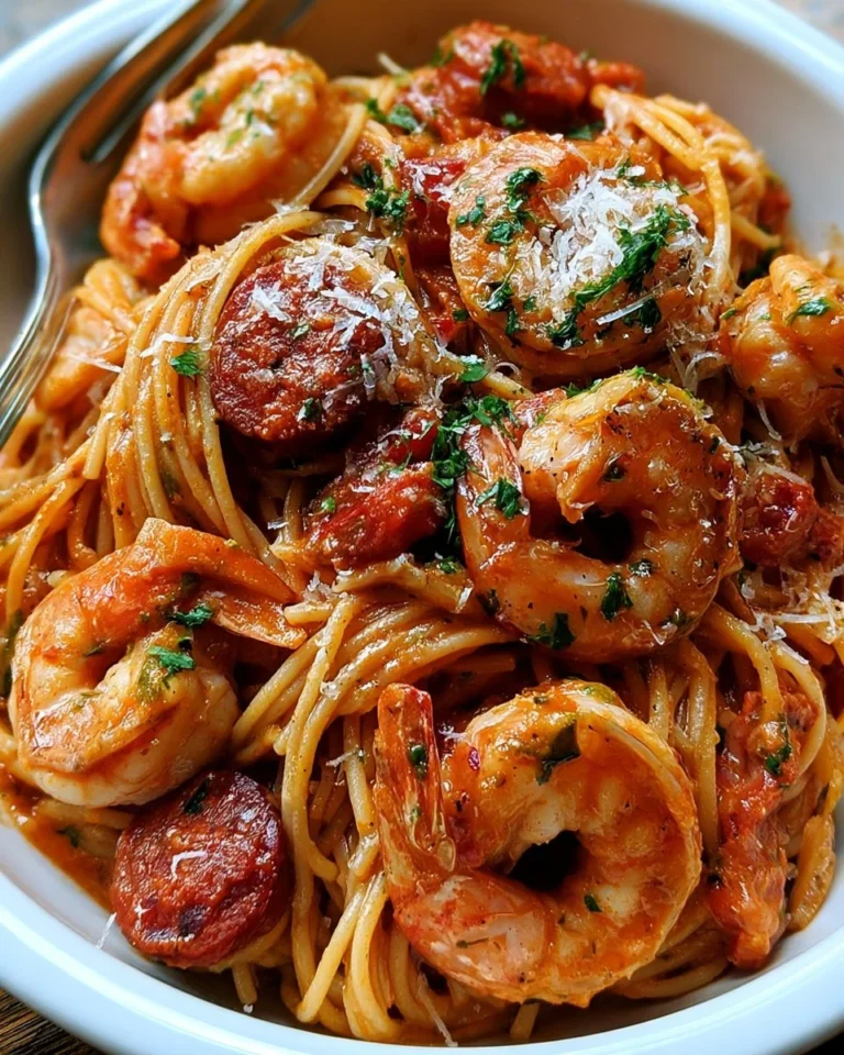 Spaghetti à la crème de poivron, chorizo et crevettes dans une assiette savoureuse