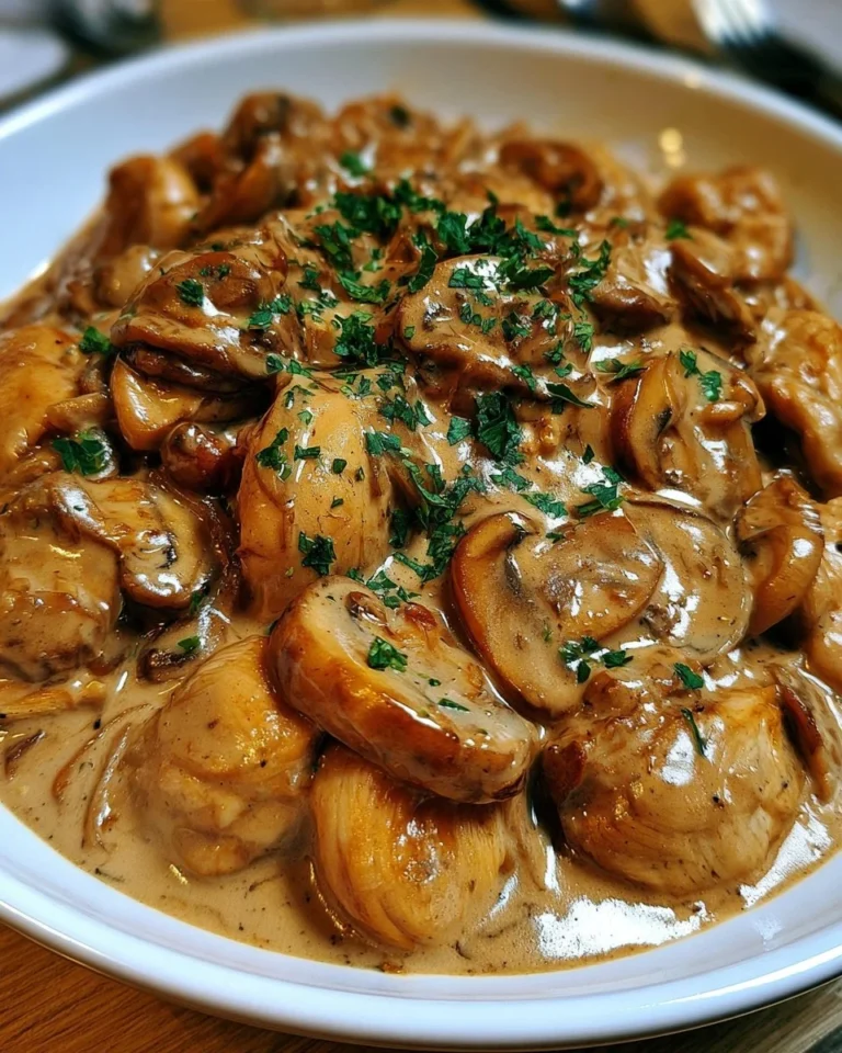 Plat de Stroganoff au poulet et champignons revisité servi dans une assiette